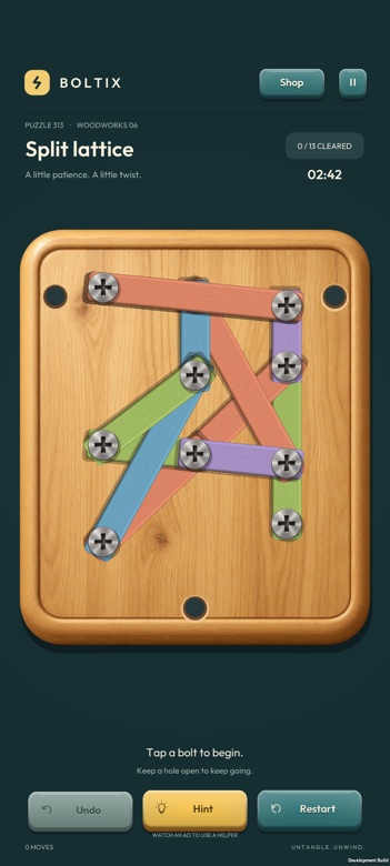 An advanced Boltix puzzle with thirteen wooden pieces