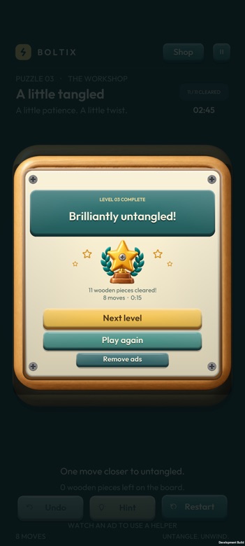 Boltix level-complete celebration